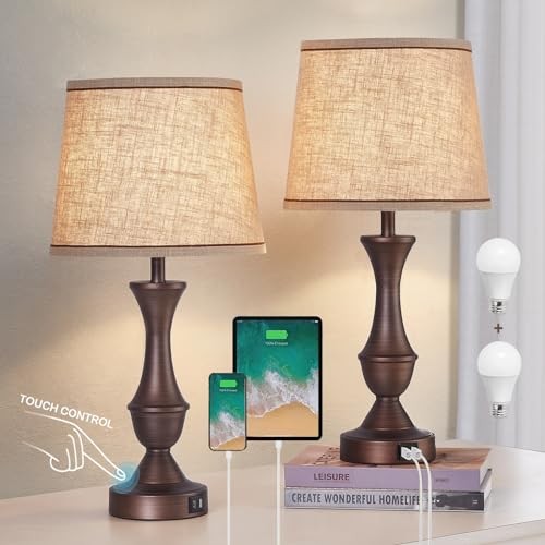 Touch Table Lamps Set of 2, 22" Tall Bedside Lamps with USB C+A Ports, 3 Brown