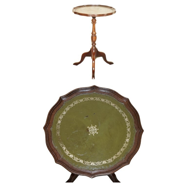 LUXURY GREEN LEATHER WITH GOLD LEAF INLAY MAHOGANY TRIPOD LAMP SIDE END TABLE