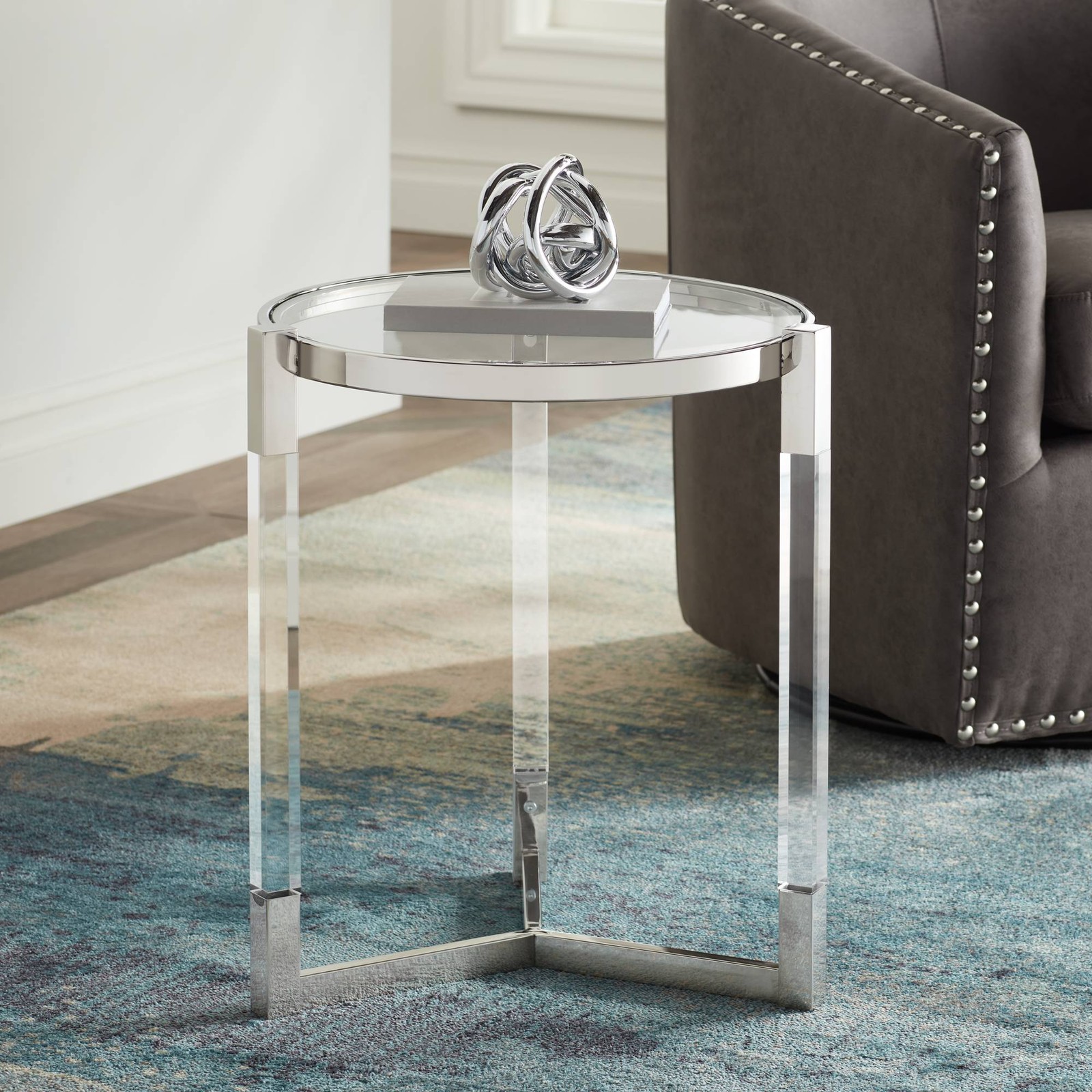 Darla Modern Metal Round Accent Table 19" Wide Silver Clear Acrylic Living Room