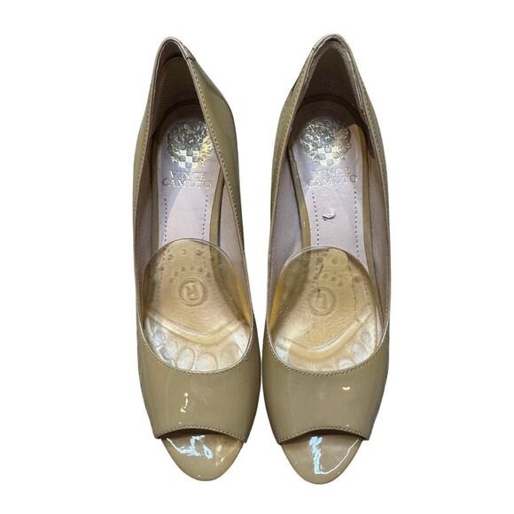 Vince Camuto Beige Patent Leather Peep Toe Platform Heels Pumps