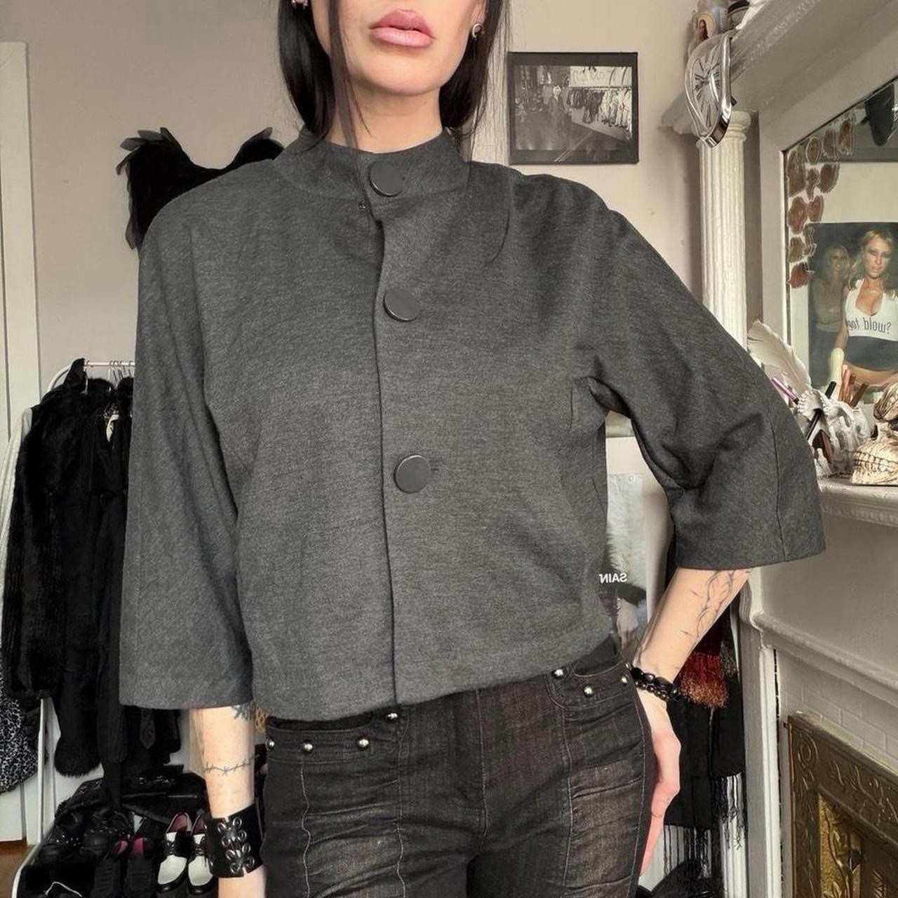 Gray Mod Style 3/4 sleeve button down jacket