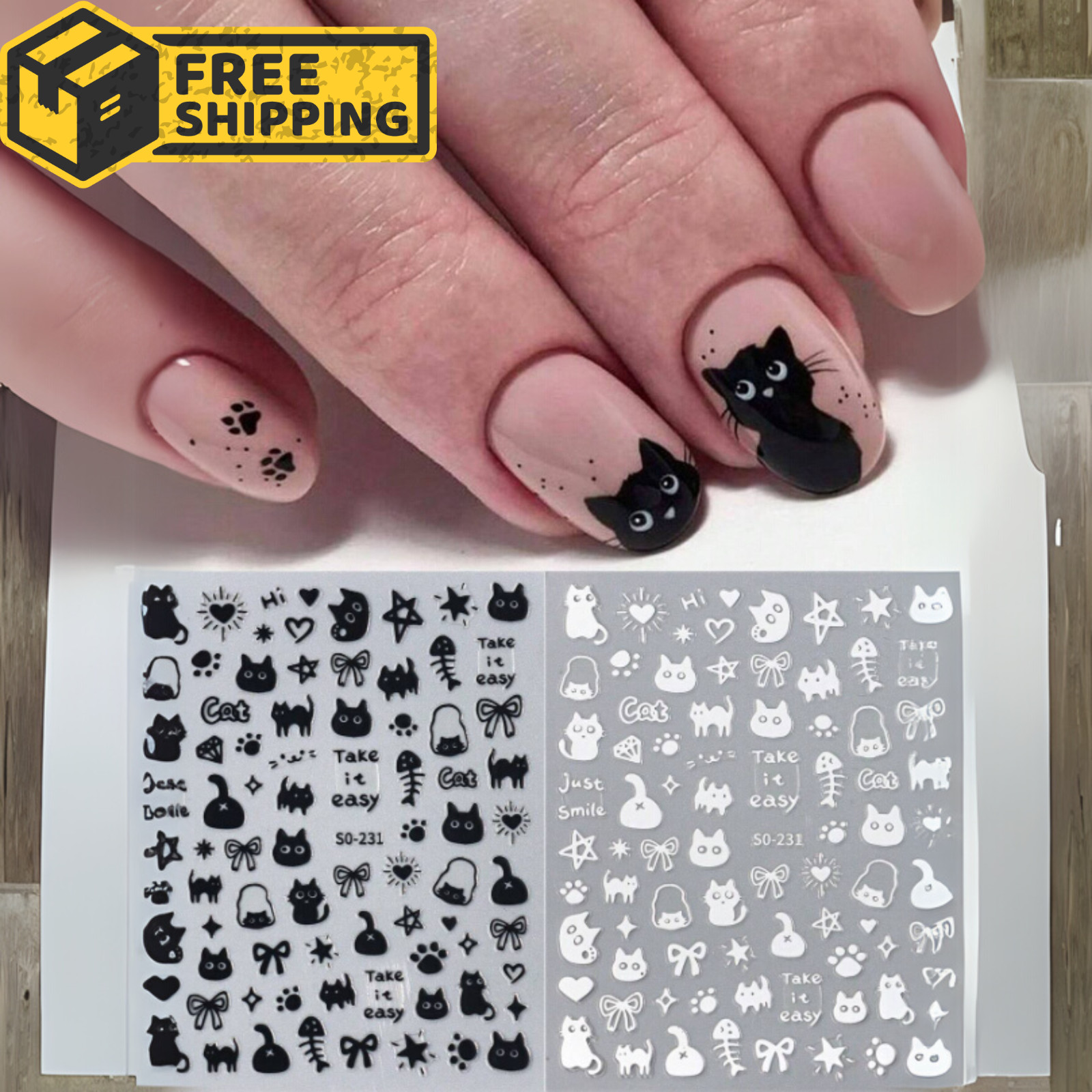 2 Pcs Cat Nail Stickers Black & White Cute Cartoon Funny Nail Stickers for Women