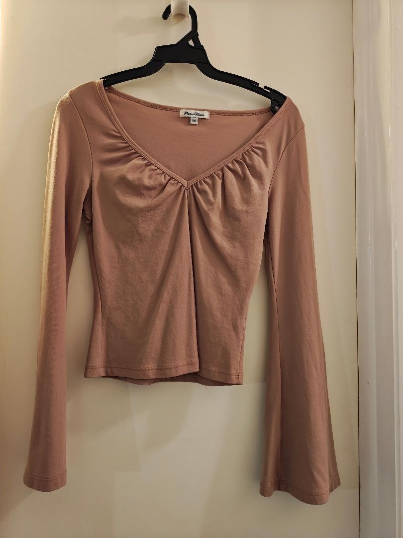 Beige, cinched neckline, Retro spandex-style, Long flared sleeve Ladies Top