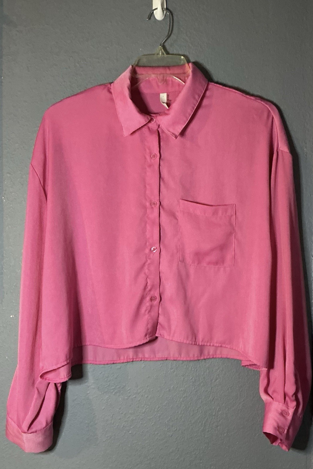 glam Button Front Cropped Blouse Womens Large Neon Pink Silk Imitation Style
