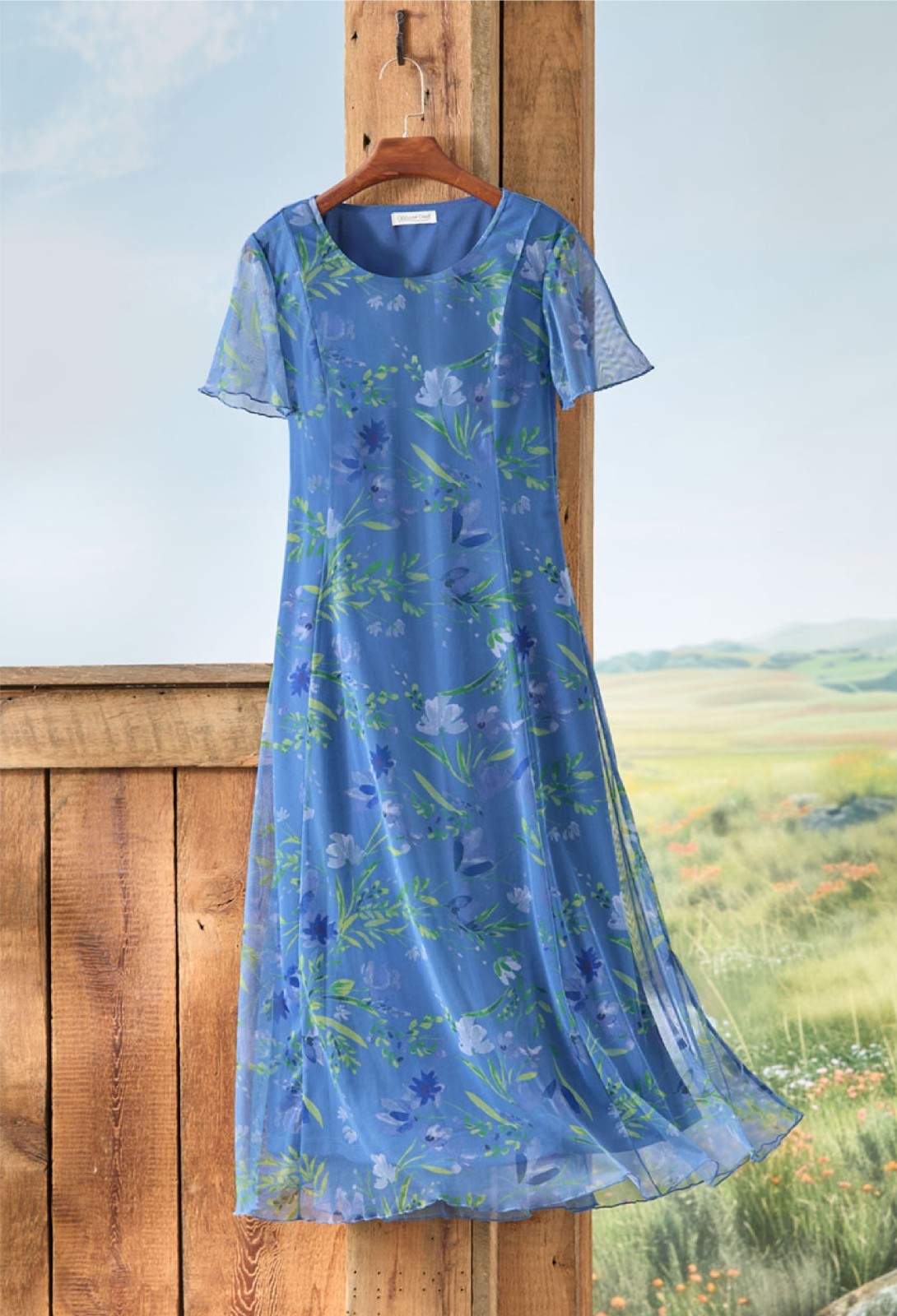 Coldwater Creek Dash of Elegance Mesh Dress color Blue Multi or Coral Multi