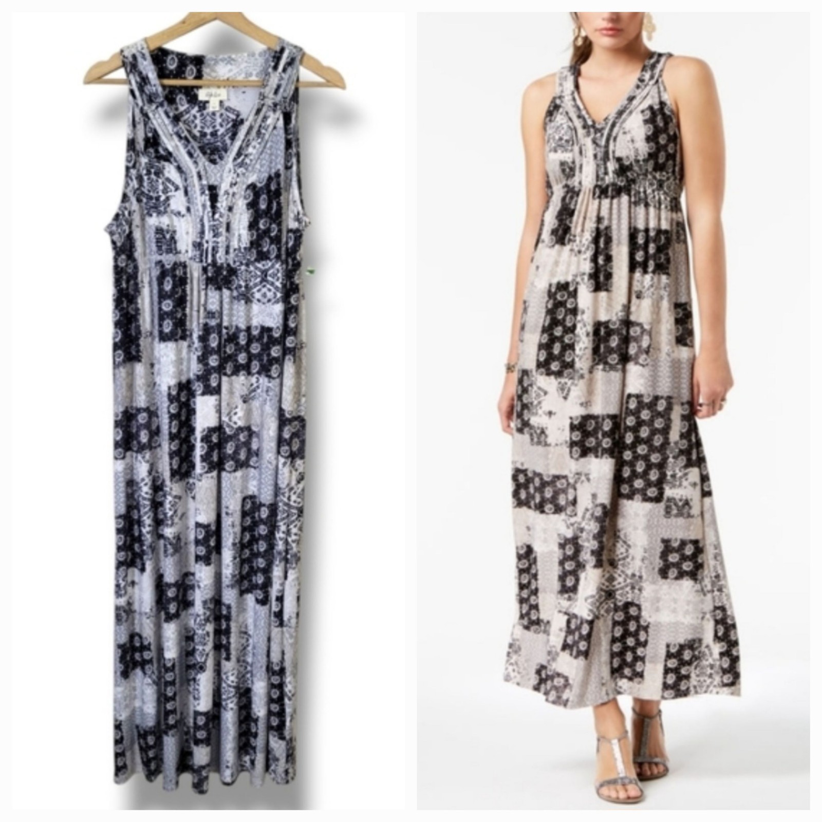 Style & Co Boho Patchwork Maxi Dress Black White Empire Waist Vacay Size L NWT