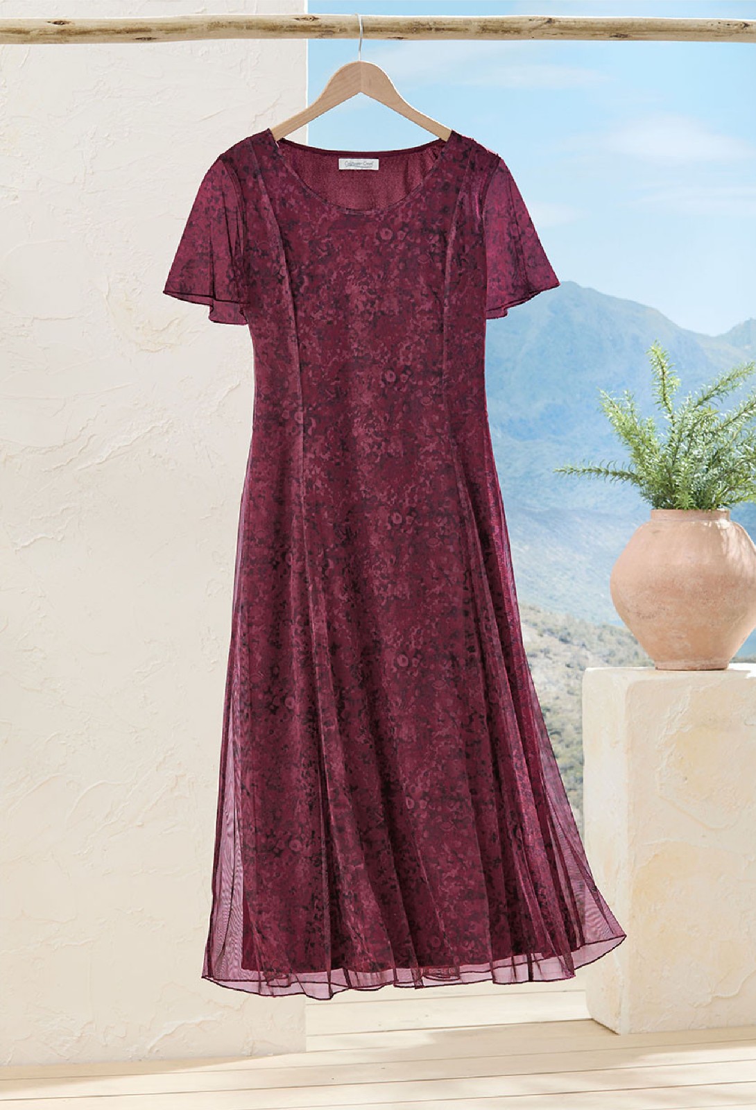 Coldwater Creek Timeless Charm Mesh Dress Color Wine Multi