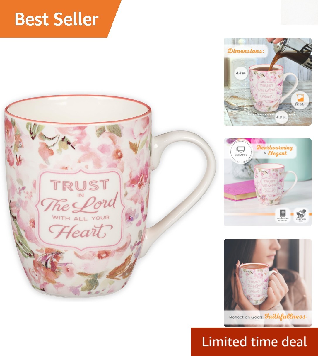 Chic 12 oz Ceramic Mug with Inspirational Scripture & Floral Design for Women