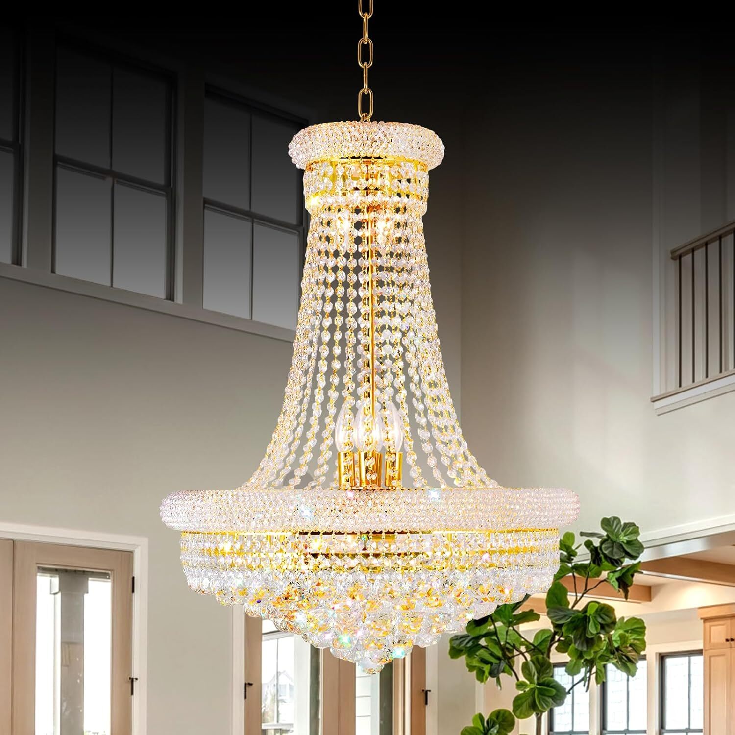 24" Empire Gold Crystal Chandelier Luxury Hanging Lamp Elegant Pendant Lighting