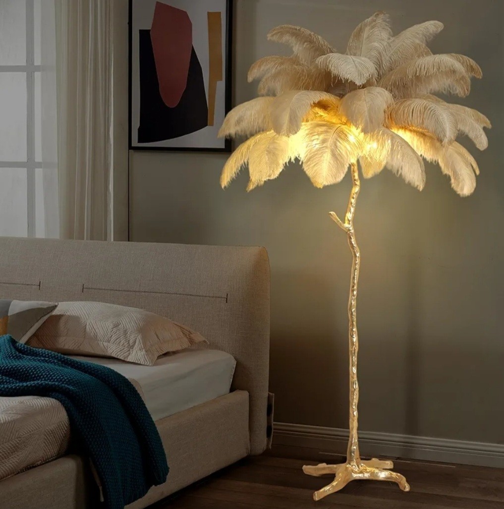 Luxury Gold Resin Floor Lamp 35 Real Natural Color Ostrich Feather 67" Tall NEW