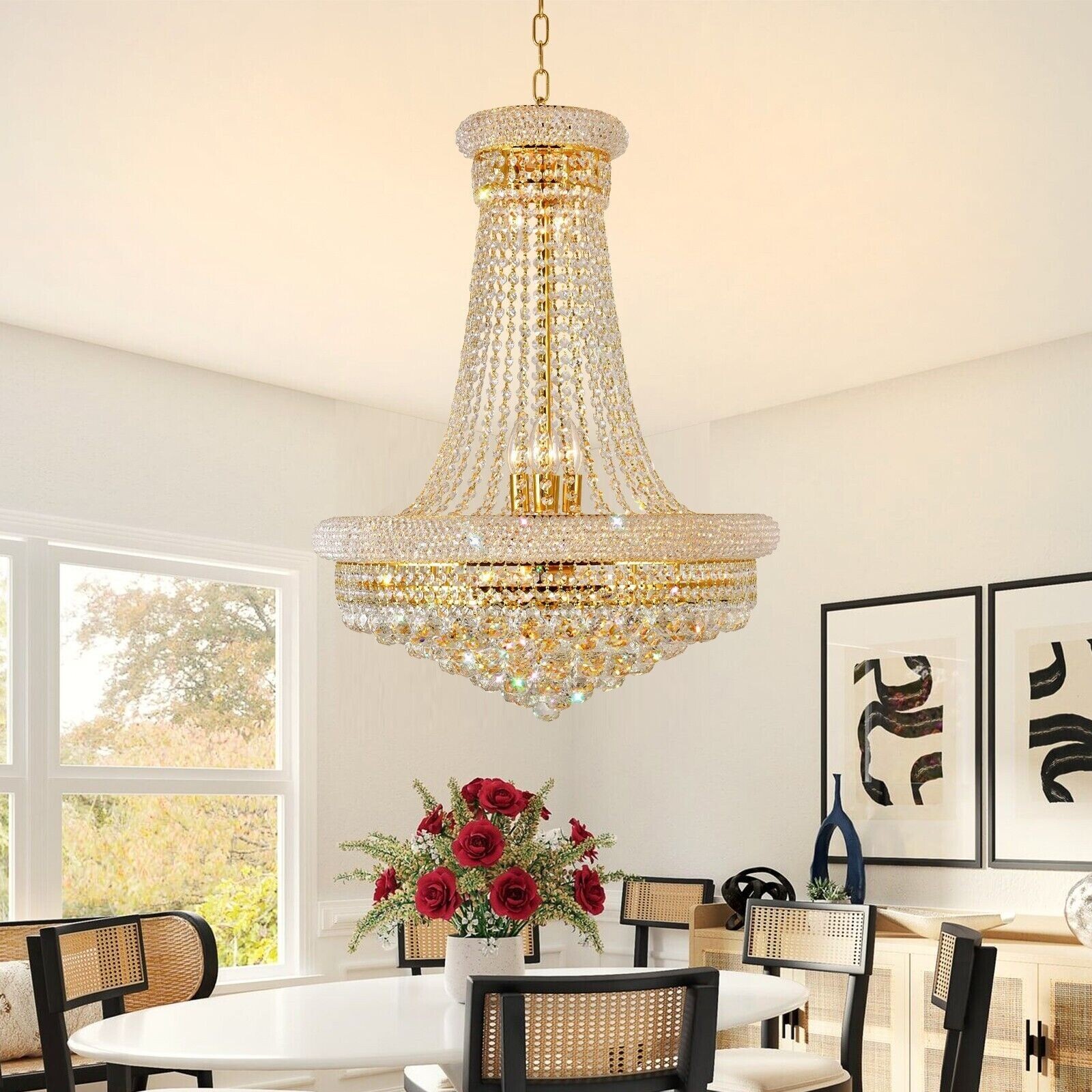 24" Gold Crystal Chandeliers Luxury Empire Ceiling Lamp Hanging Pendant Lights