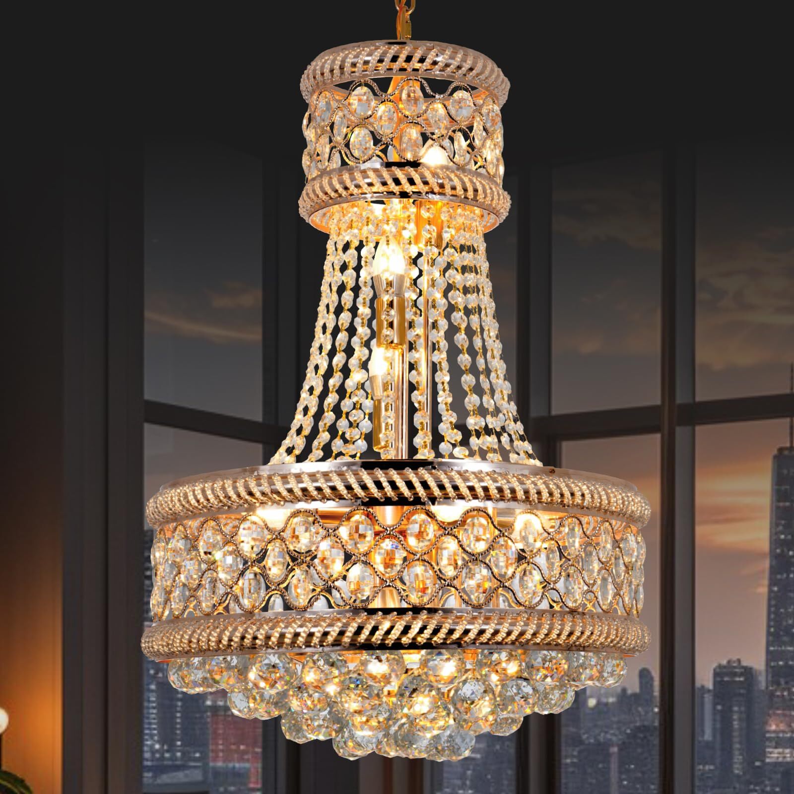 19"*47" Luxury Crystal Chandelier Gold Empire Hanging Light Pendant Ceiling Lamp