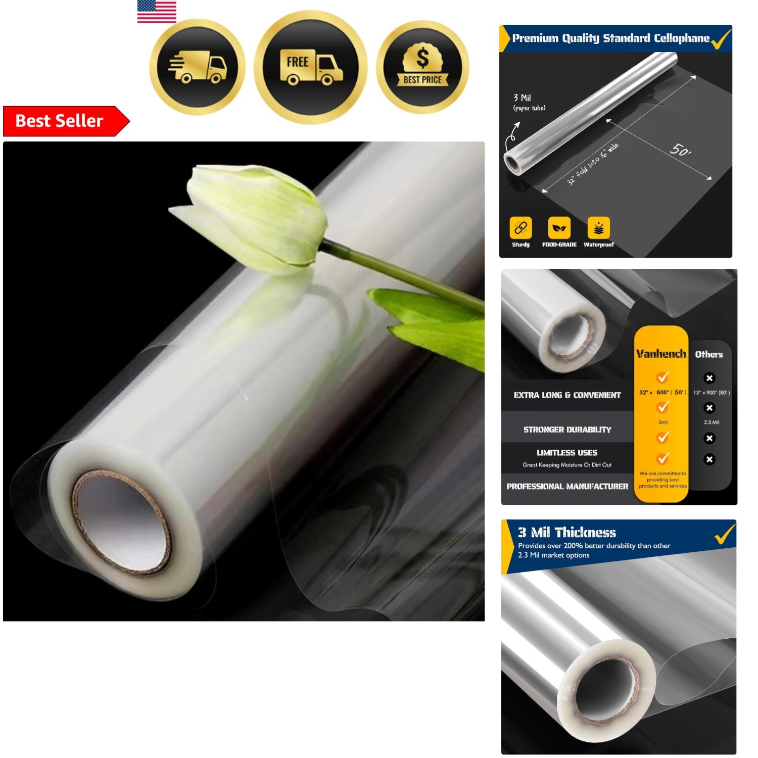 Clear Cellophane Wrap Roll 32x50ft 3Mil Gift Basket Flower Wrap for Crafts