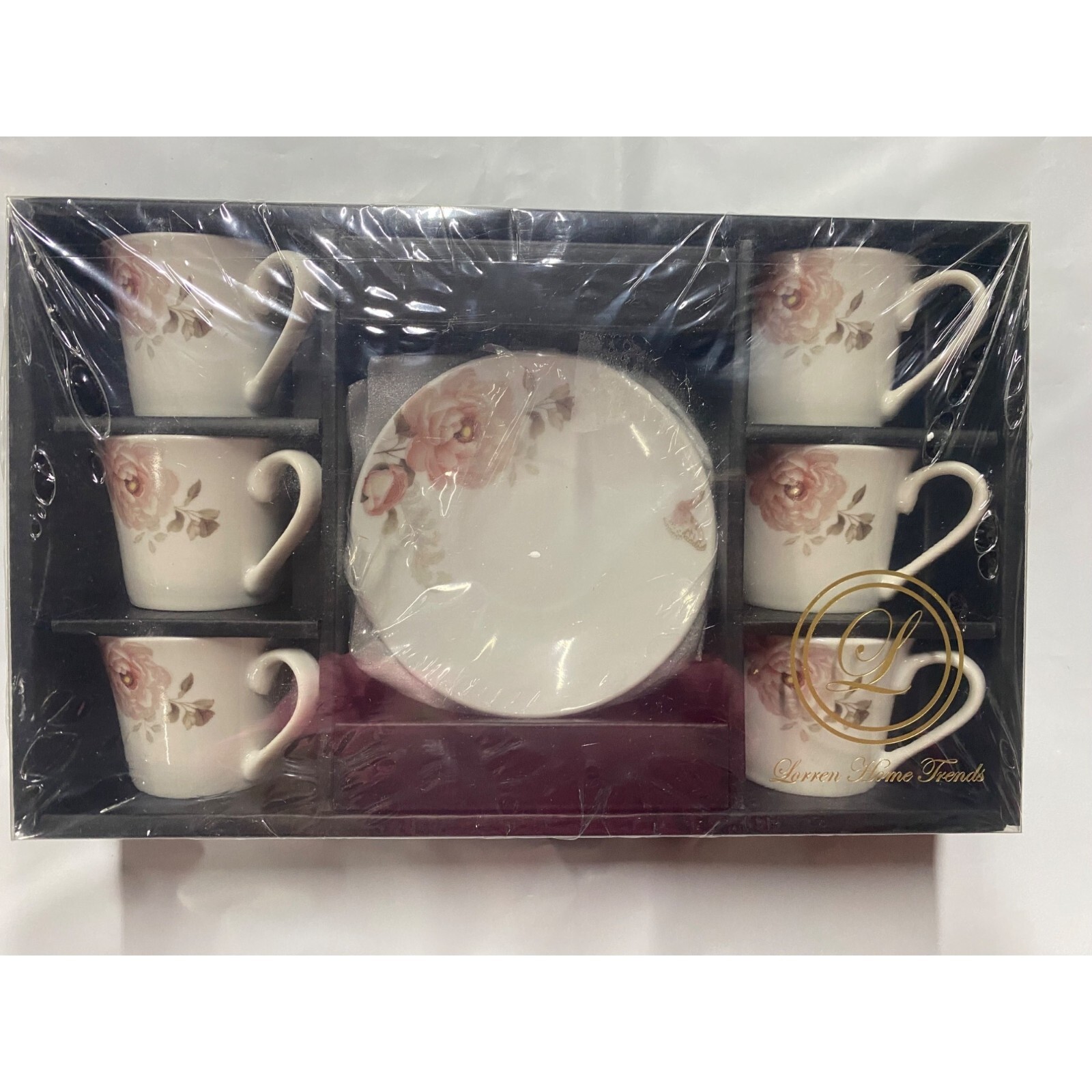 Lorren Home Trends Porcelain Espresso Floral and Butterfly Design Set of 6 NWB