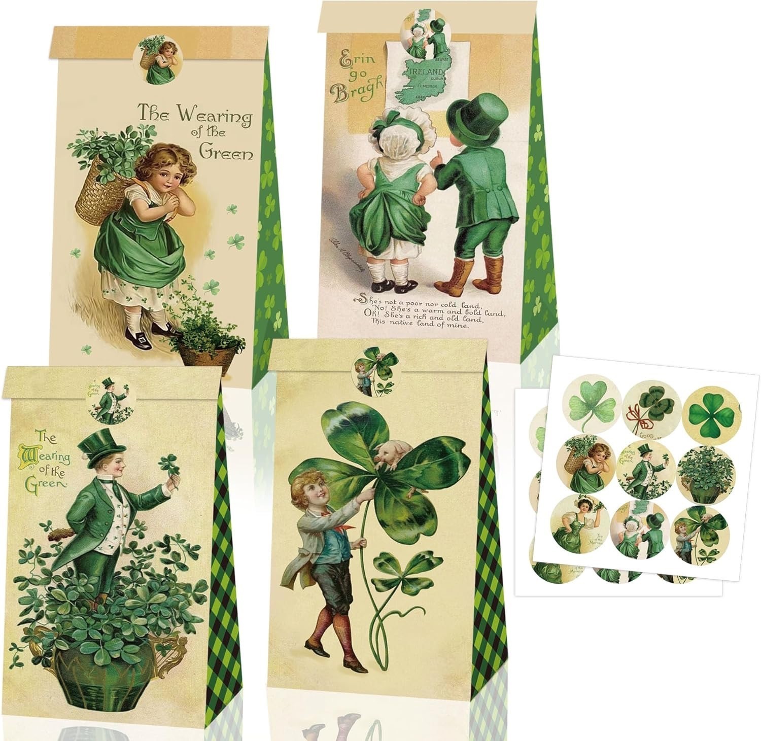 4 UNIQUE DESIGN ST PATRICK DAY GIFT BAGS with Stickers