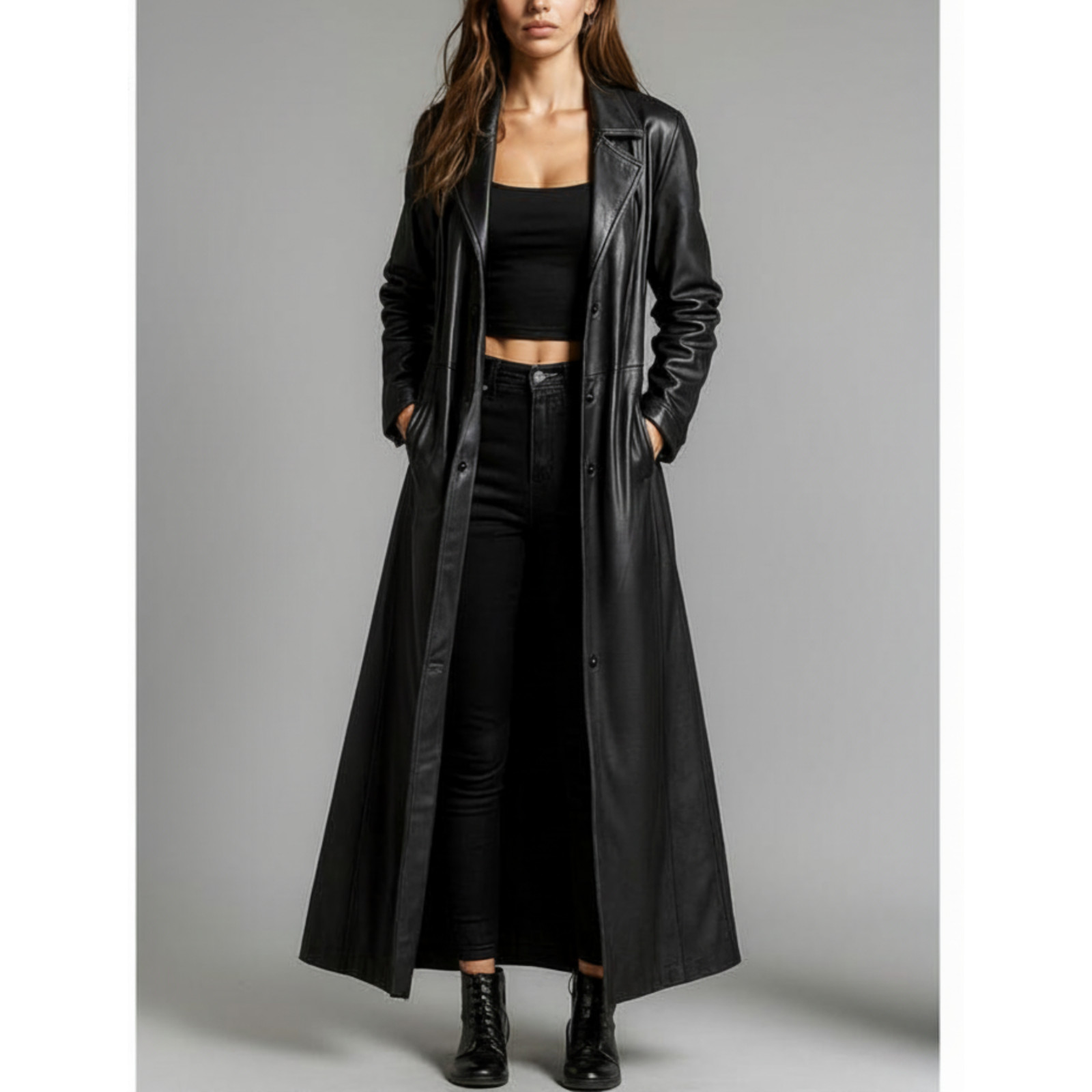 Women’s Black Genuine Leather Stylish Handcrafted Belted Long Trench Coat