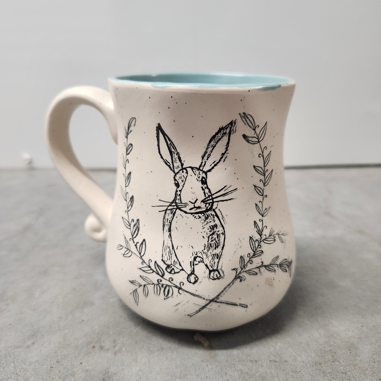 Handmade Ceramic Mug Cute Farmhouse Bunny Floral Design Blue Interior Specks