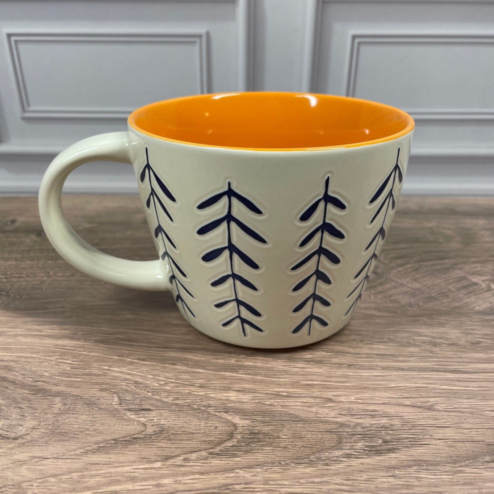 Opalhouse Stoneware Mug White Blue Vines Orange Interior  Tree Design 14 Ounce