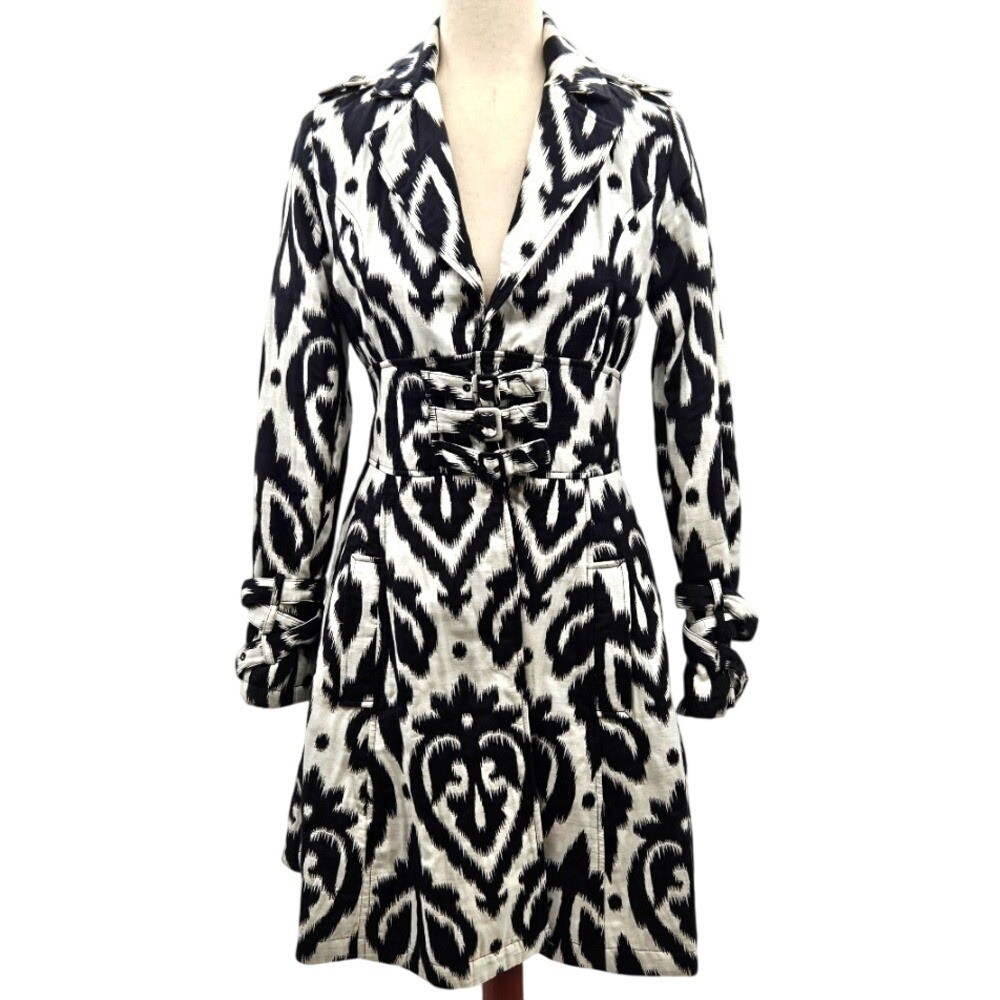 XOXO Stylish Y2K Black and White Patterned Fit and Flare Trench Coat Small