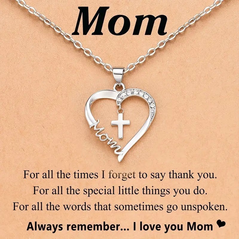 Silver Mom Heart Cross Necklace Christian Jewelry Mother’s Day Birthday Gift