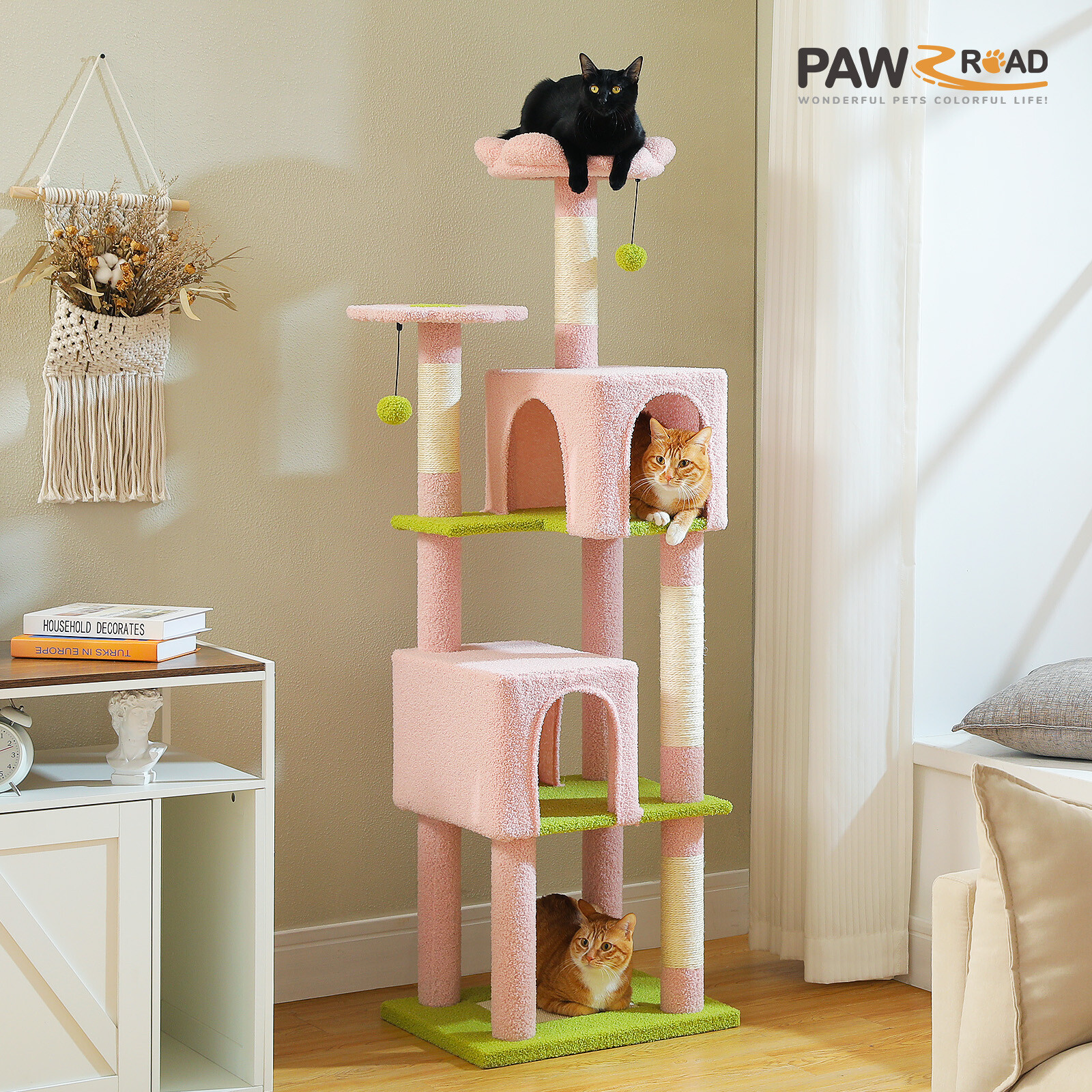 PAWZ Road 62" Flower Multi-Level Cat Tree Tower for Indoor Cat with 2 Condos Toy