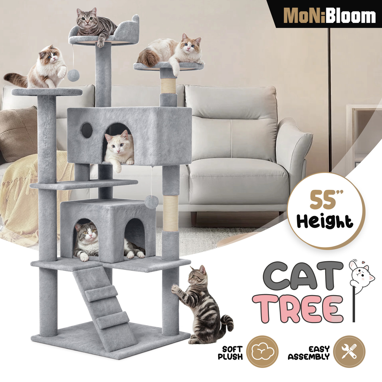 Cat Tree Cat Tower Multi-Level 55'' Sturdy Kitten Playing Condo House for Rest