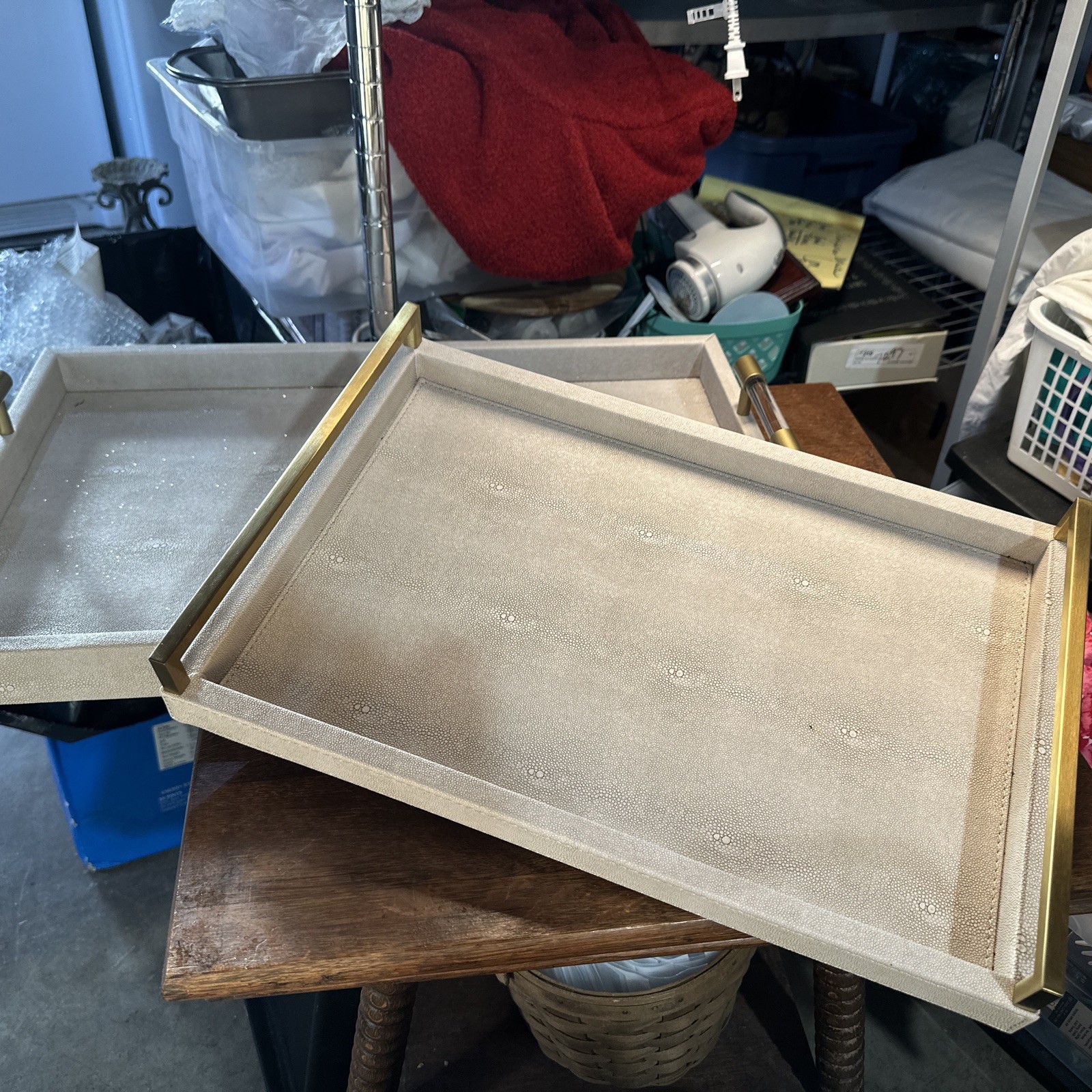 Serving Trays with Gold Polished Metal Handles Cream Modern Decor 22” &17” /2