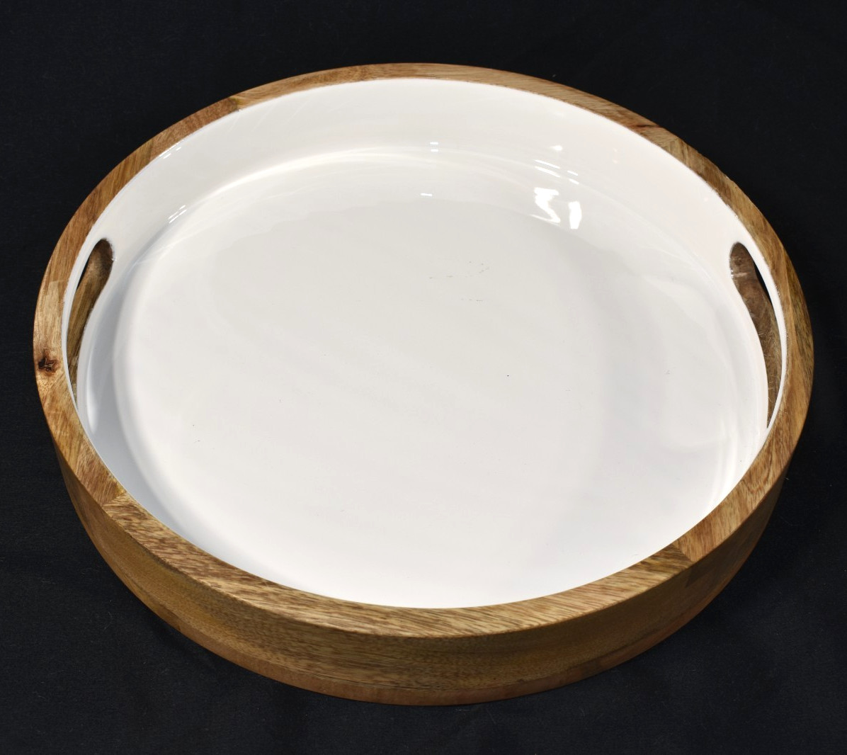 Round 12" Mango Wood White Enamel Handles Decorative Modern Home Decor Tray READ