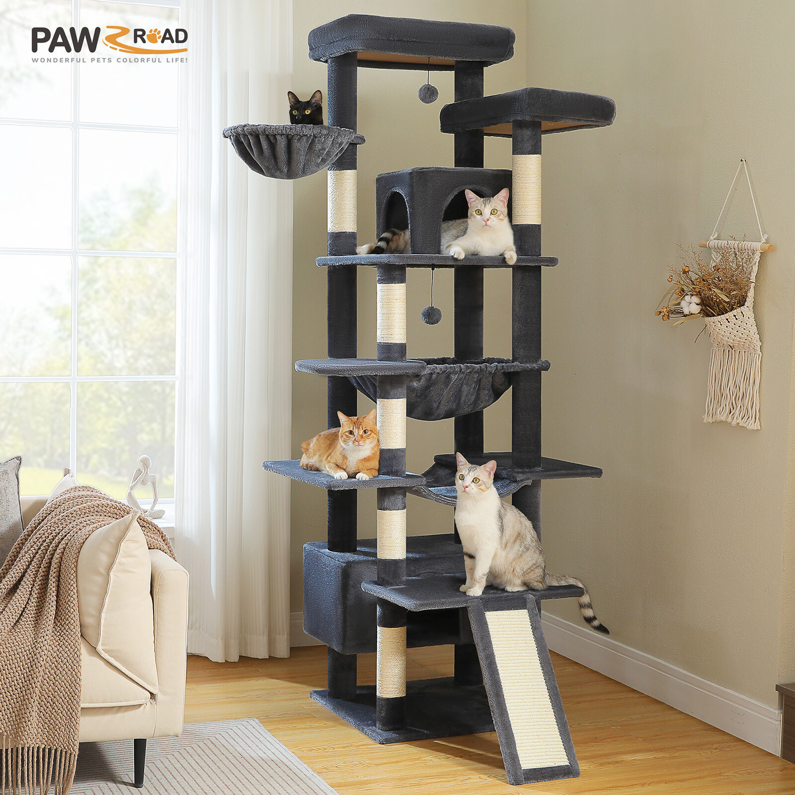 PAWZ Road 81" Extra Tall Cat Tree Tower for Large Cats with Large Hammocks Ball