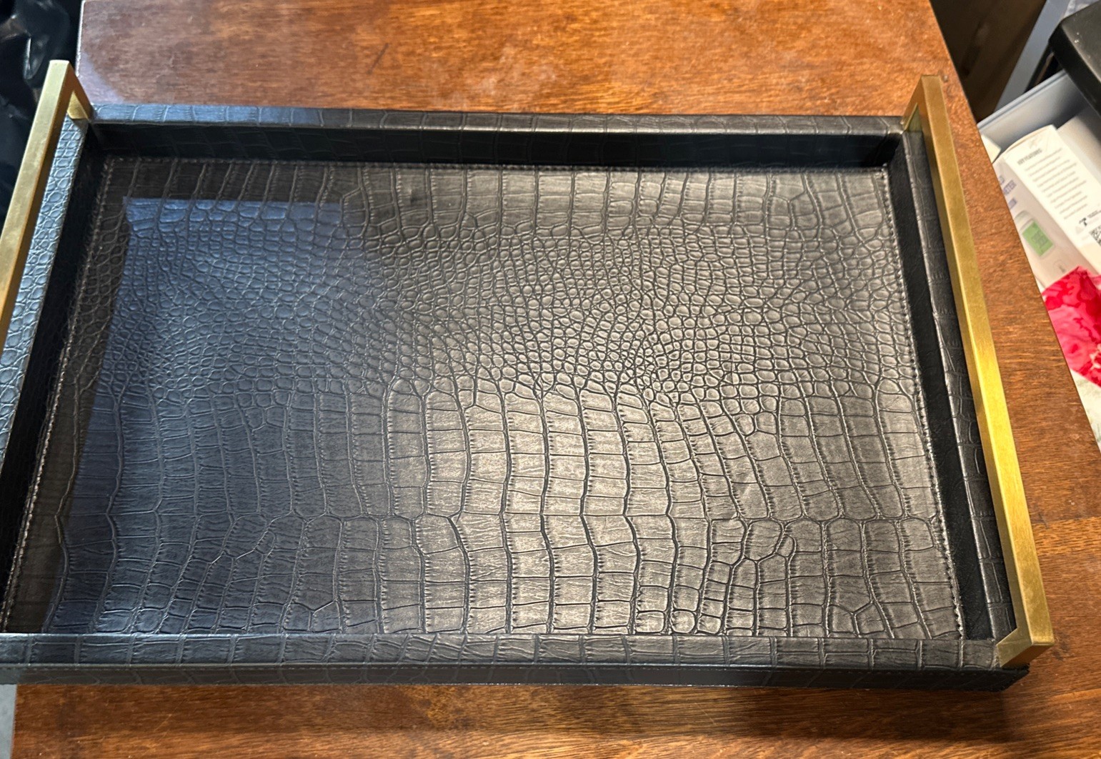 Serving Tray faux leather Gold Polished Metal Handles Black  Modern Decor 17.5”