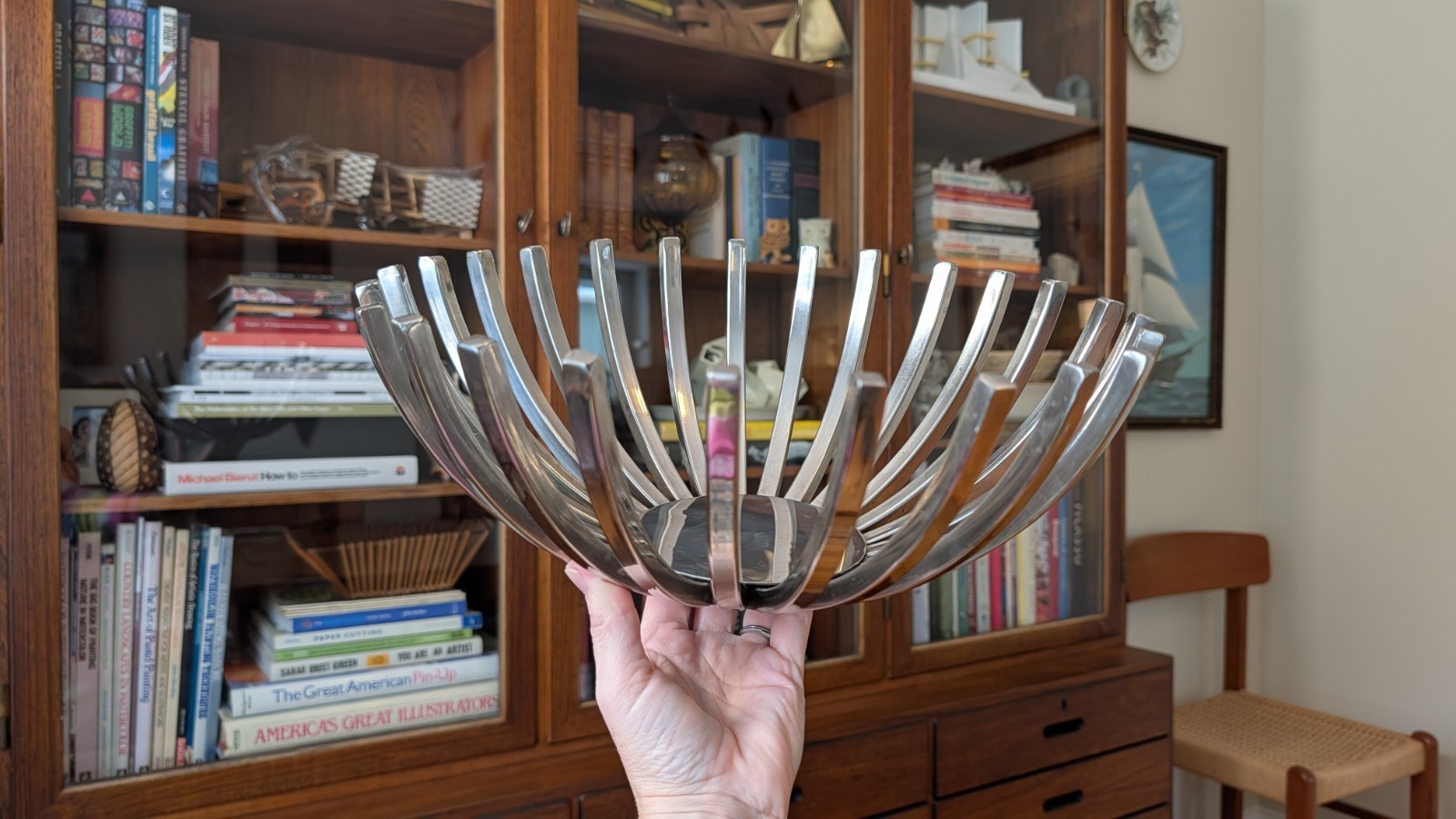 Vintage Chrome Steel Sunburst Fruit Bowl Modern Design MCM Kitchen Decor 13 In