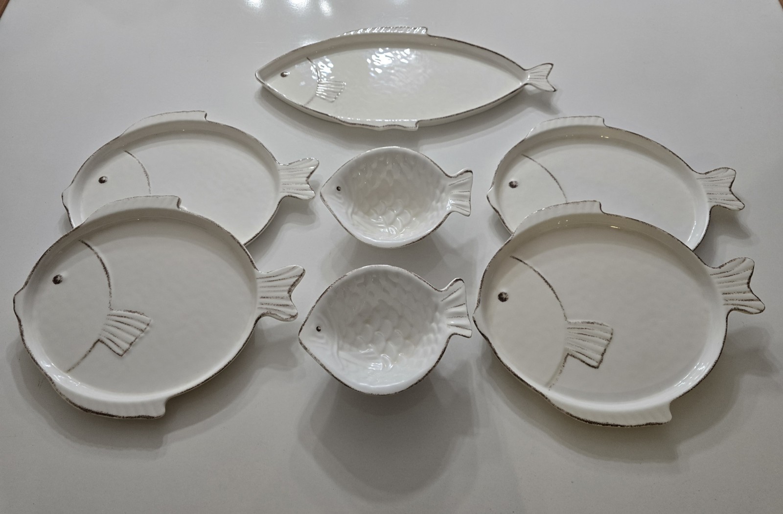 7 Pc Vintage Sigrid Olsen Melamine Fish Shaped Plates, Platter, Bowls Nautical
