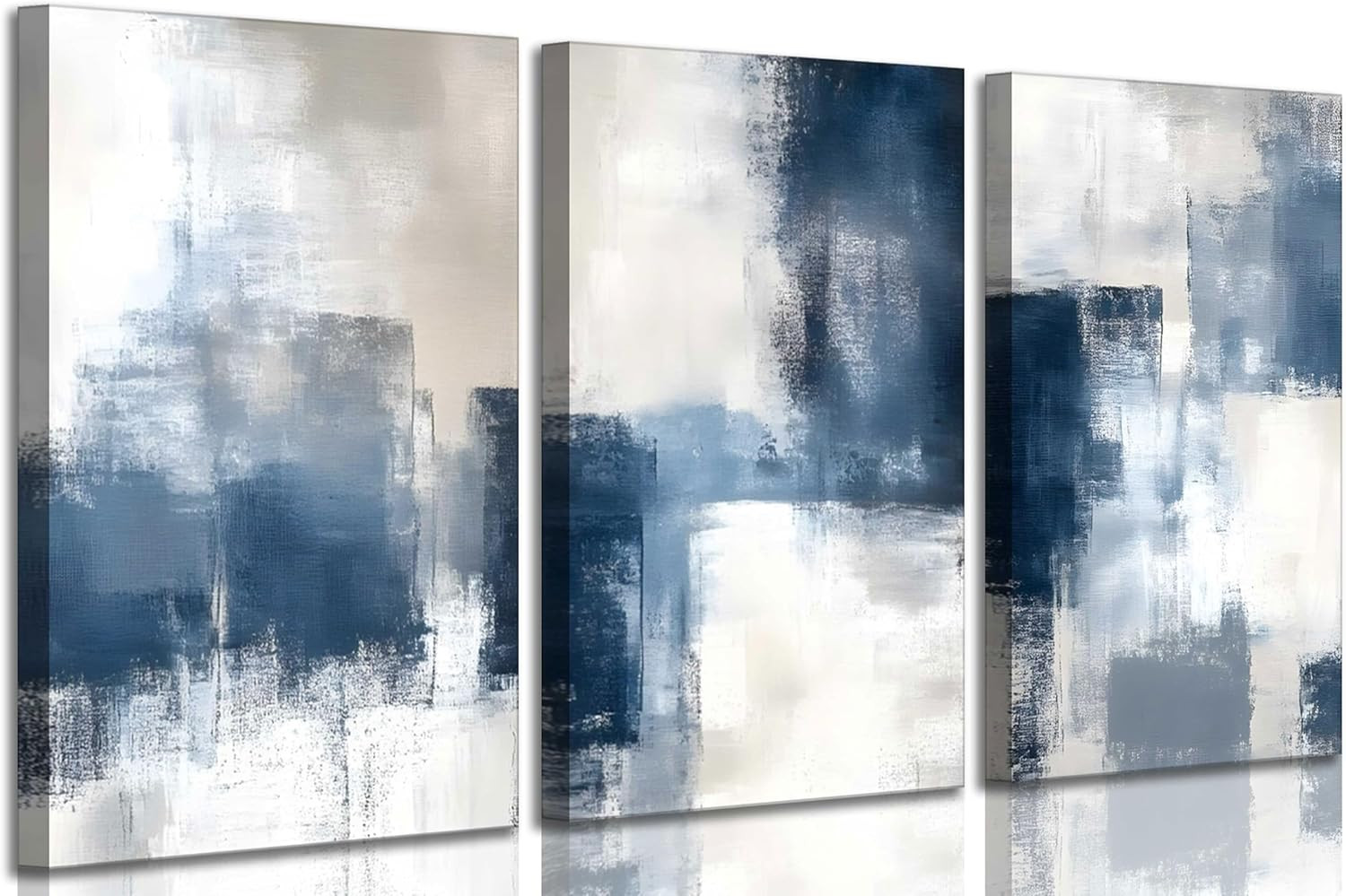 3 Pcs Navy Blue Abstract Canvas Wall Art Modern Minimalist Neutral Blue and Grey