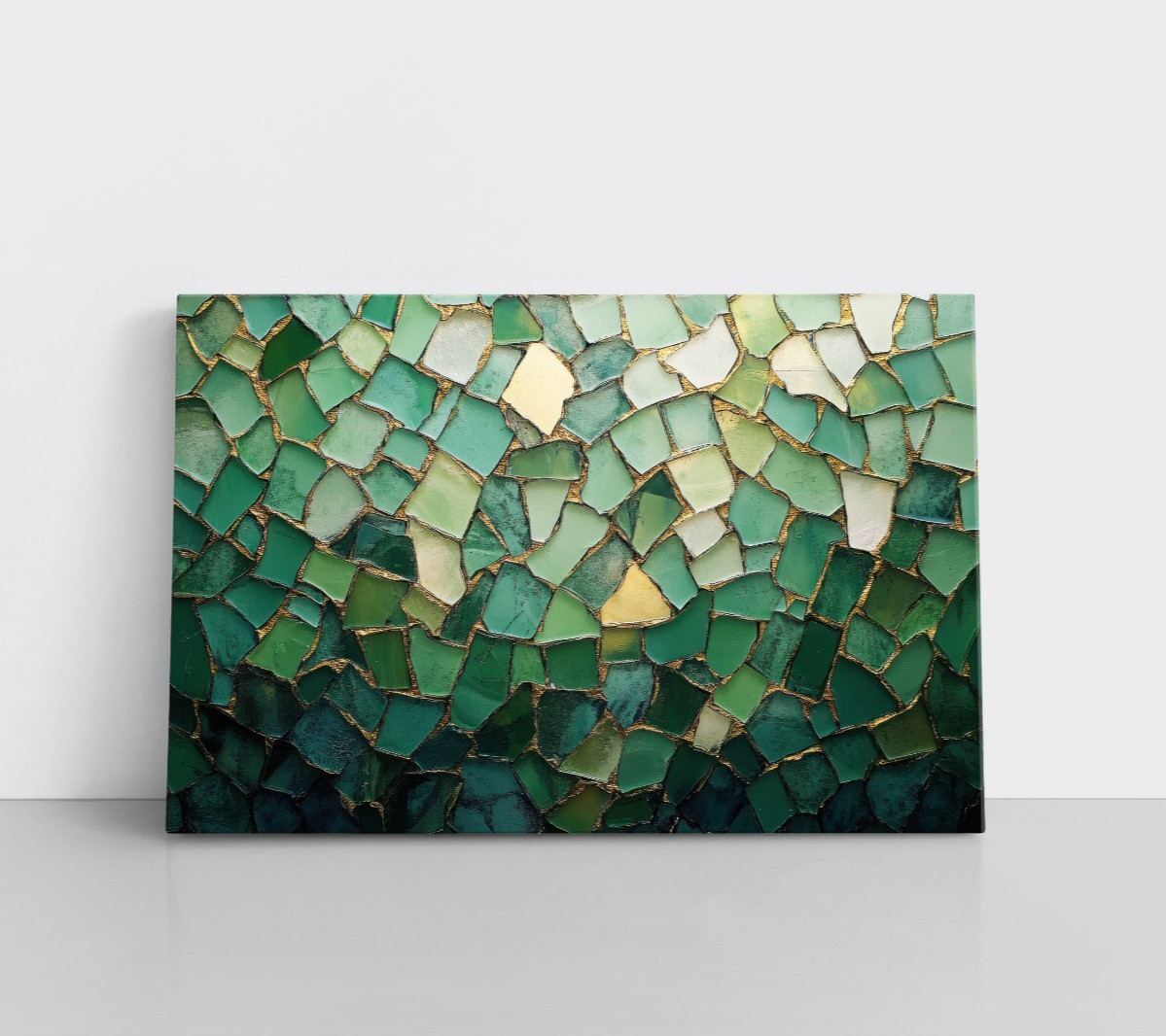 Mosaic Abstract Green Gold Painting Print on Framed Canvas Wall Art Modern Decor