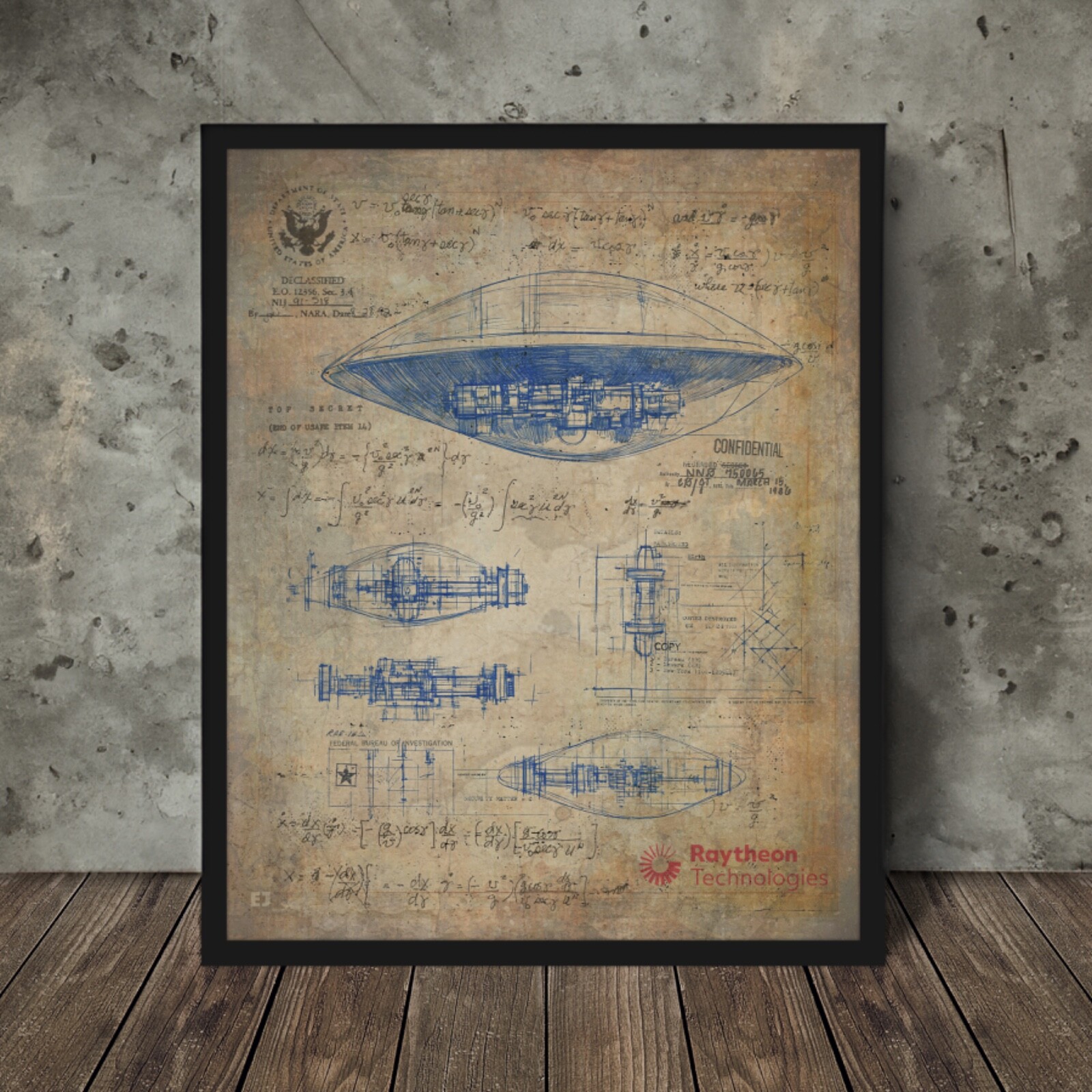 Vintage RAYTHEON UFO BLUEPRINT Wall Art, NHI Alien Physics Classified UAP Poster