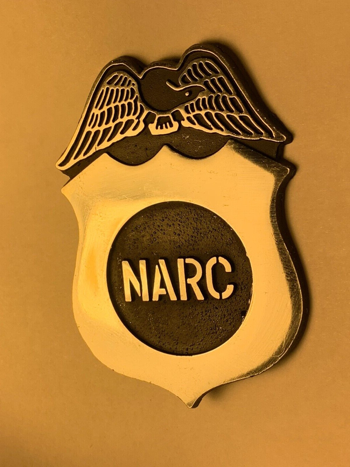 NARC BADGE VINTAGE 1970's HIPPIE HEADSHOP 2"x 3" INCH METAL NOVELTY ITEM