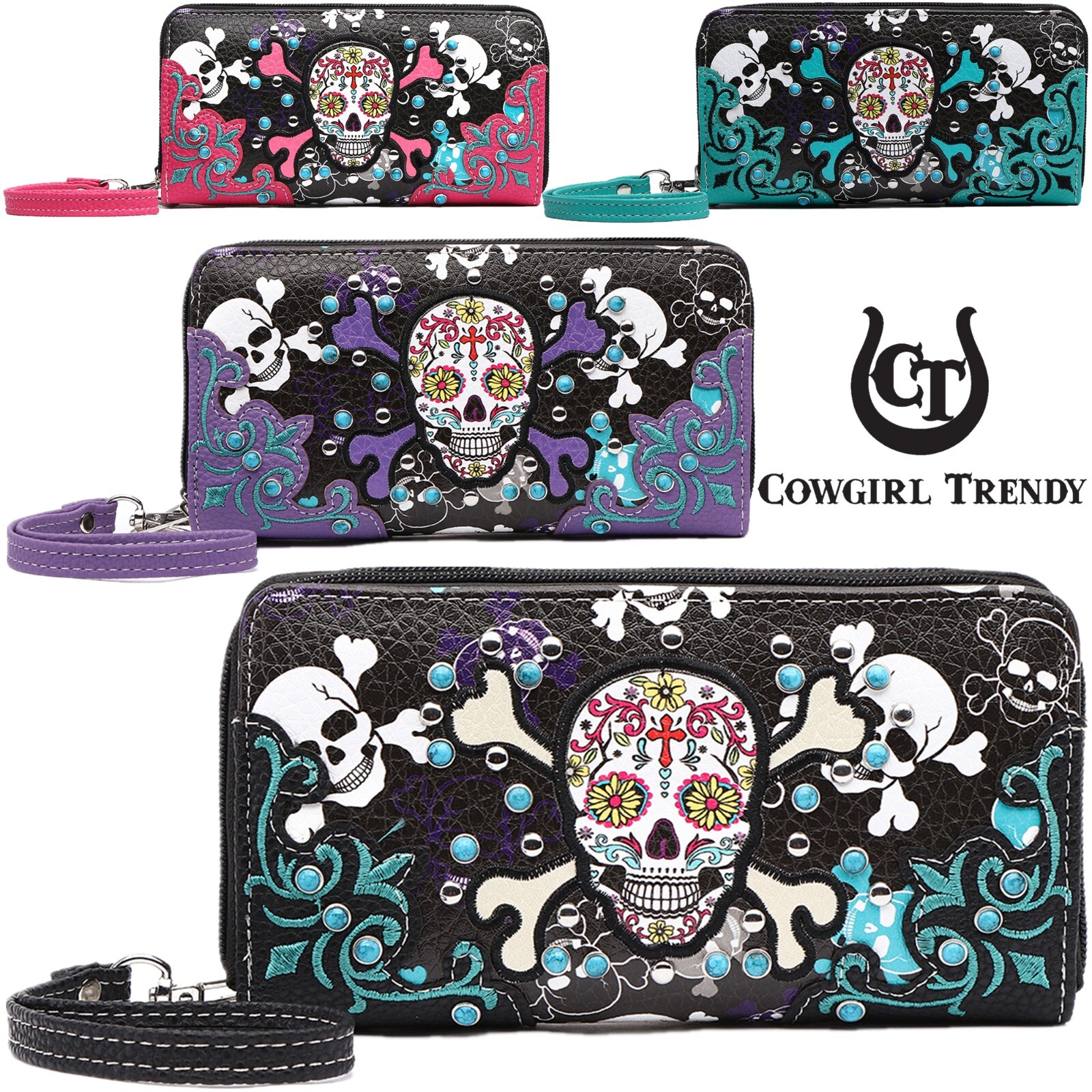 Sugar Skull Day of the Dead Cross Bone Rhinestone Women Zipper Wristlet Wallet