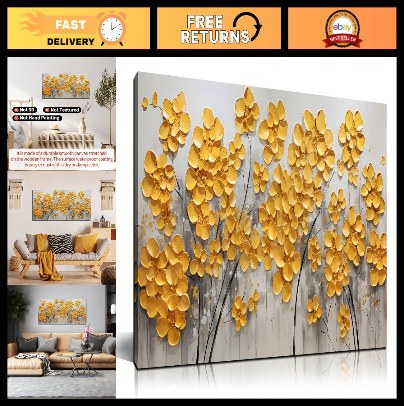 Abstract Gold Yellow Floral Wall Art - Modern Canvas Decor for Living Room, 40x2