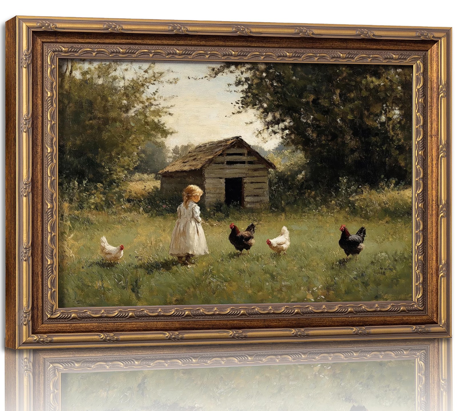 Vintage Gold Framed Farmhouse Chicken Wall Art Retro Country Farm Girl and Ch...