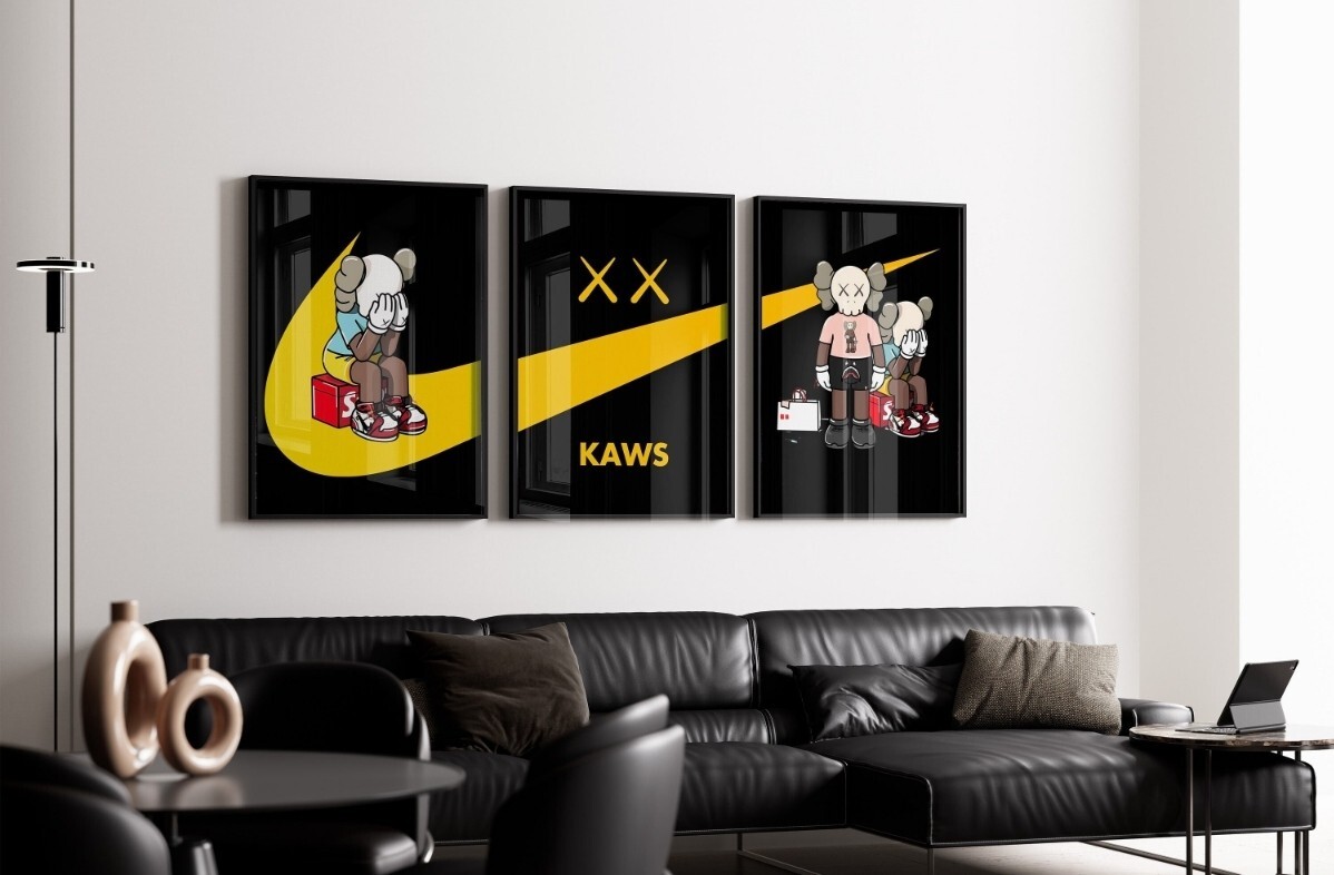 Set of 3 Yellow Nike Kaws Wall Art pieces canvas home decor Portrait Gallery