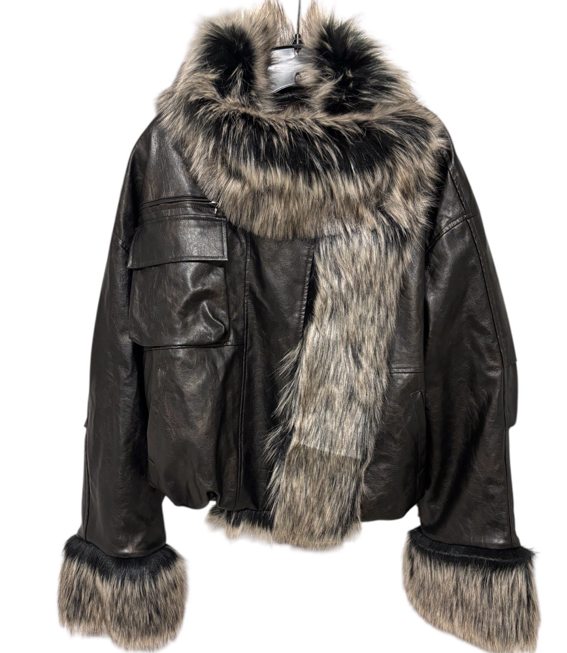 Black Boho Afgan Streetwear Faux Leather /Fur Reversible Cropped Coat  M NWOT