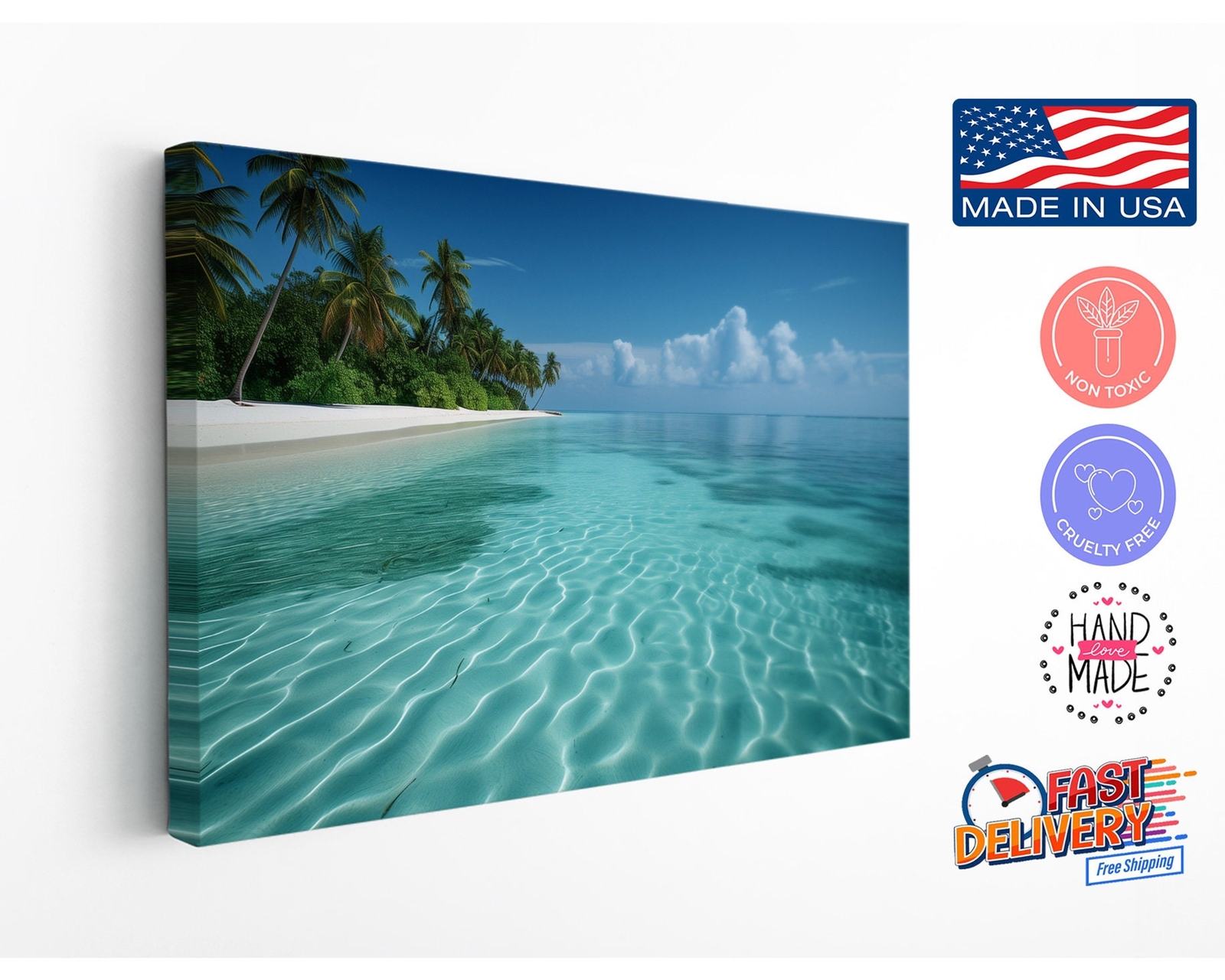 Maldives Beach Coast Canvas Print, Palm Trees Wall Art, High Quality Decor