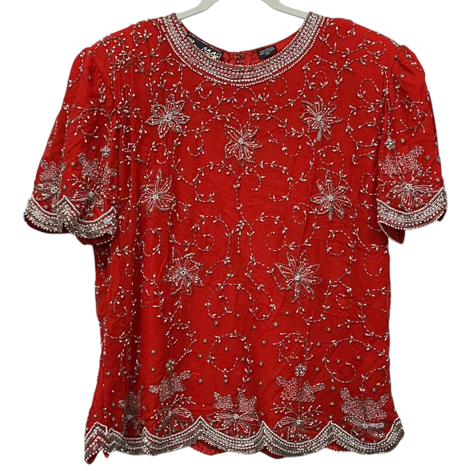 Vintage New Look Shirt Womens 2X Red Beaded Sequin Evening Party Top 80s 90s