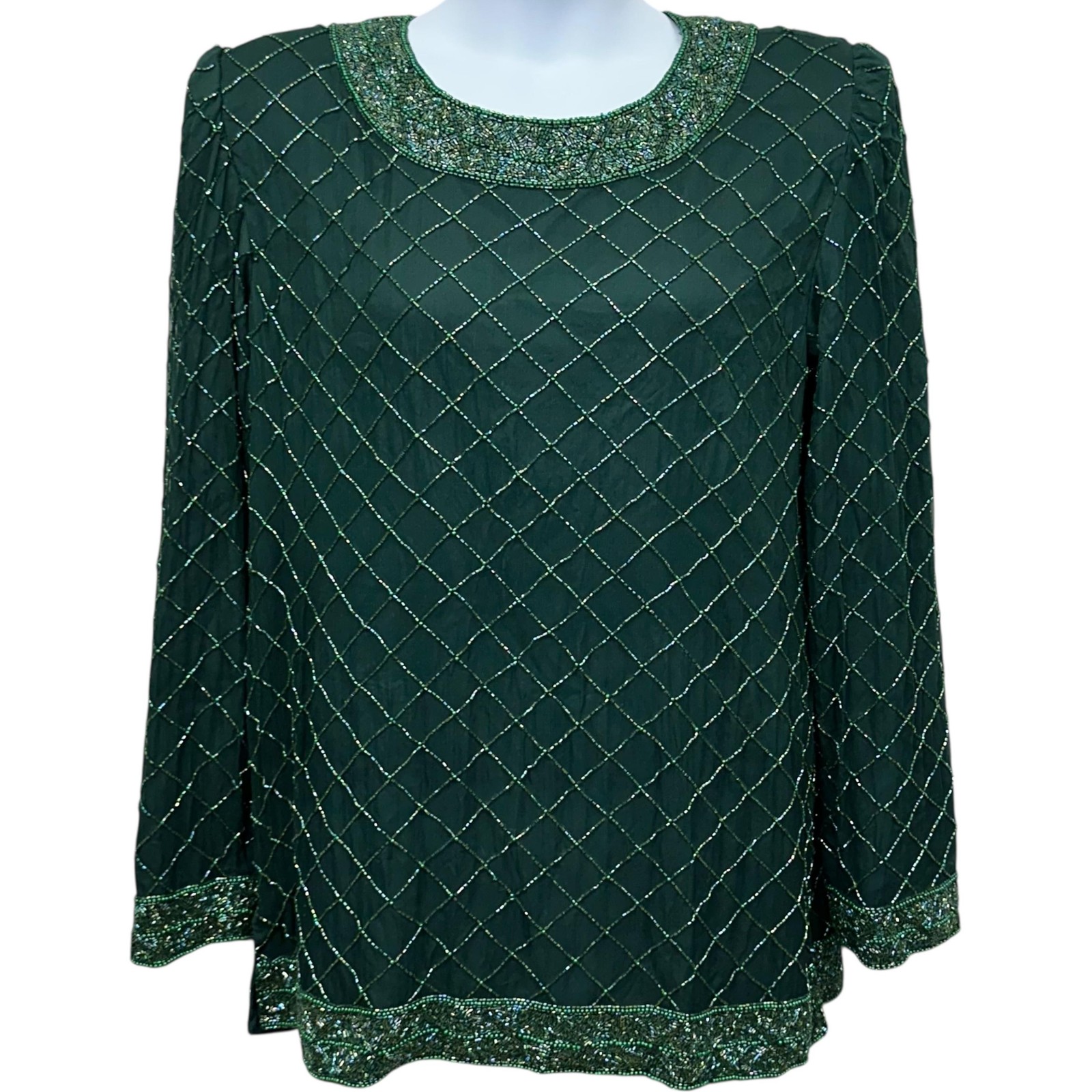 Vintage New Look Shirt Womens Large Green Pure Silk Beaded Evening Party Top 80s