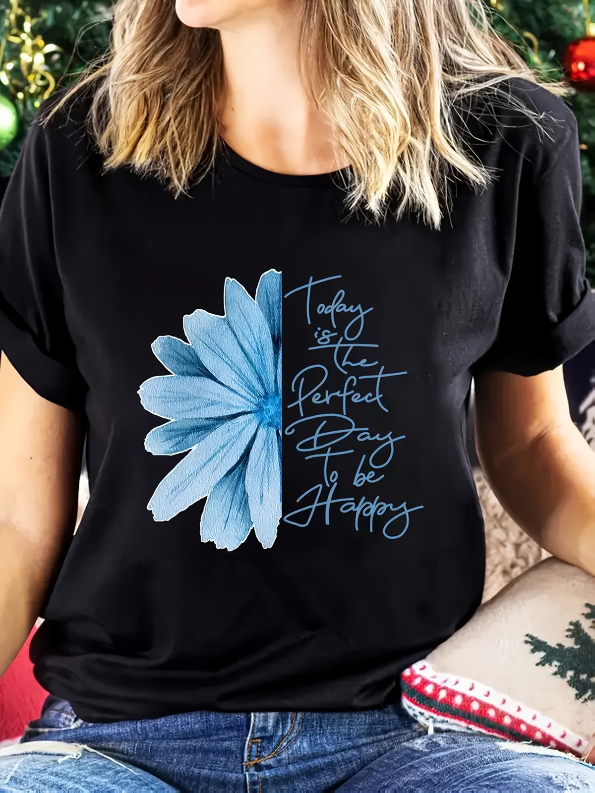 Female Inspirational Quote T-Shirt, Blue Daisy Print, Soft Casual Style