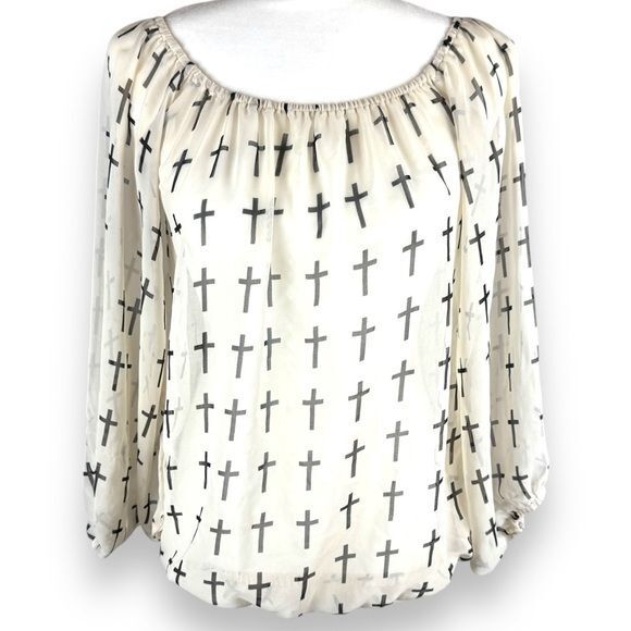 Sheer Cross Print Blouse Womens Size Medium Faith Inspired Peasant Christian Top