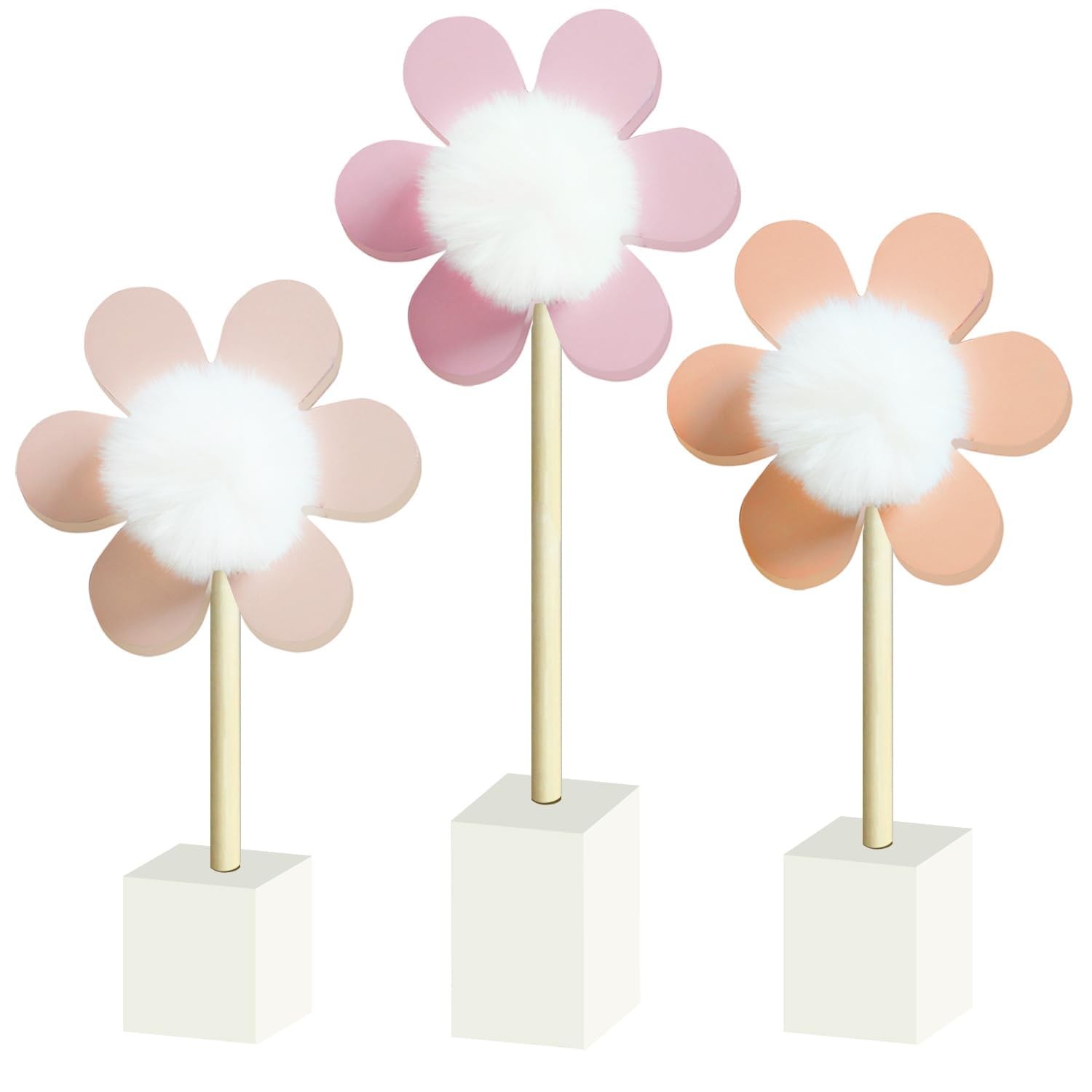 Daisy Nursery Decor Set 3 Pack Wooden Flower Pompom Wall art kit New