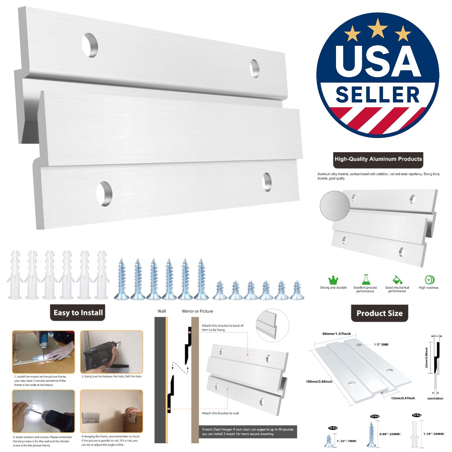 Elegant Aluminum Z Hanger for Art & Mirrors - Easy Install, 4 Inch, 5 Pairs