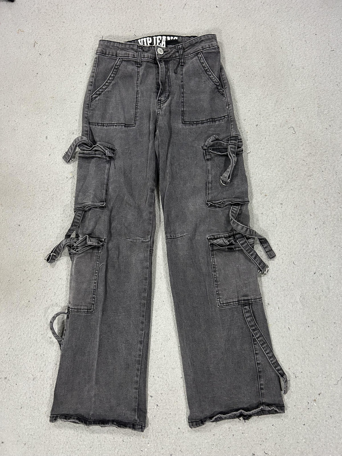 VIP Jeans Cargo Pants Womens 26 Black Gray Strap Utility Wide Leg Skater Rave
