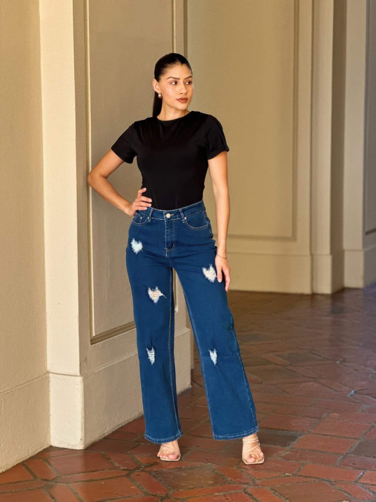 Embroidered Distressed Heart Wide Leg Denim Jean